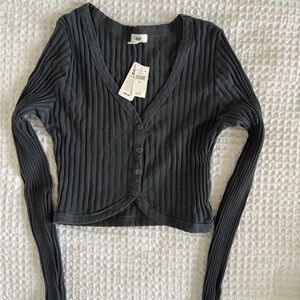 Aerie Charcoal Ribbed Button-Down Crop Top